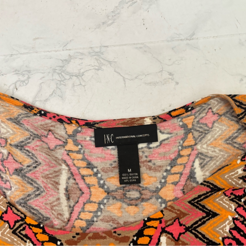 INC International Concepts Short Sleeve Top Women’s M Blouse Black Fringe Aztec - Picture 4 of 4